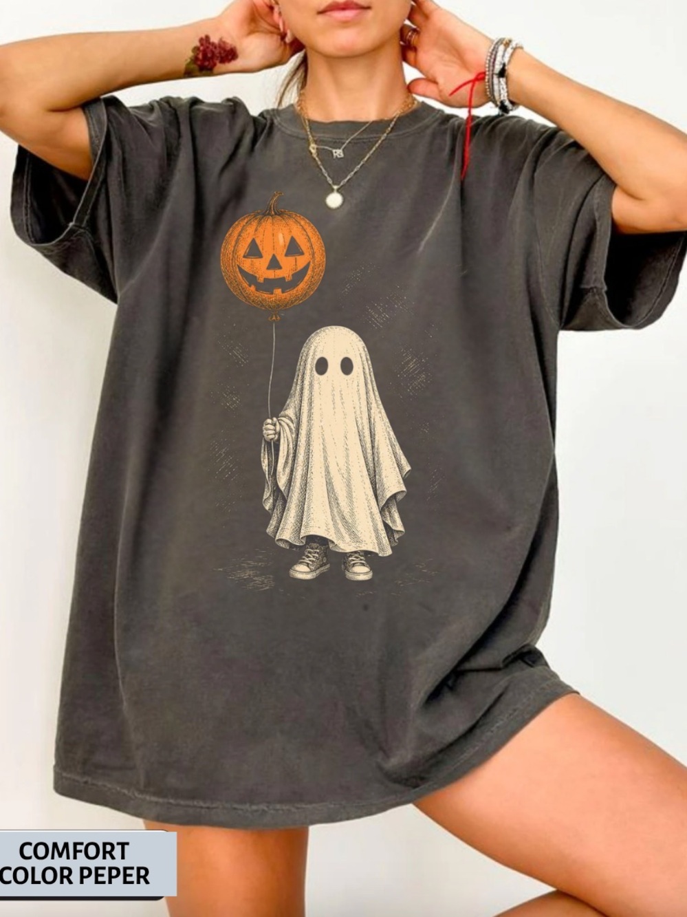 Ghost Halloween Costume Tee - Black with Orange Pumpkin